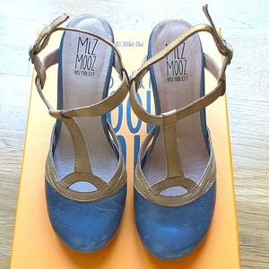 Miz Mooz NYC Blue grey leather t-strap chunky heels